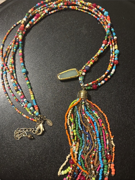 Chico's Jewelry - Chico's Multicolor Seed-Bead Tassel Necklace with Gem Pendant